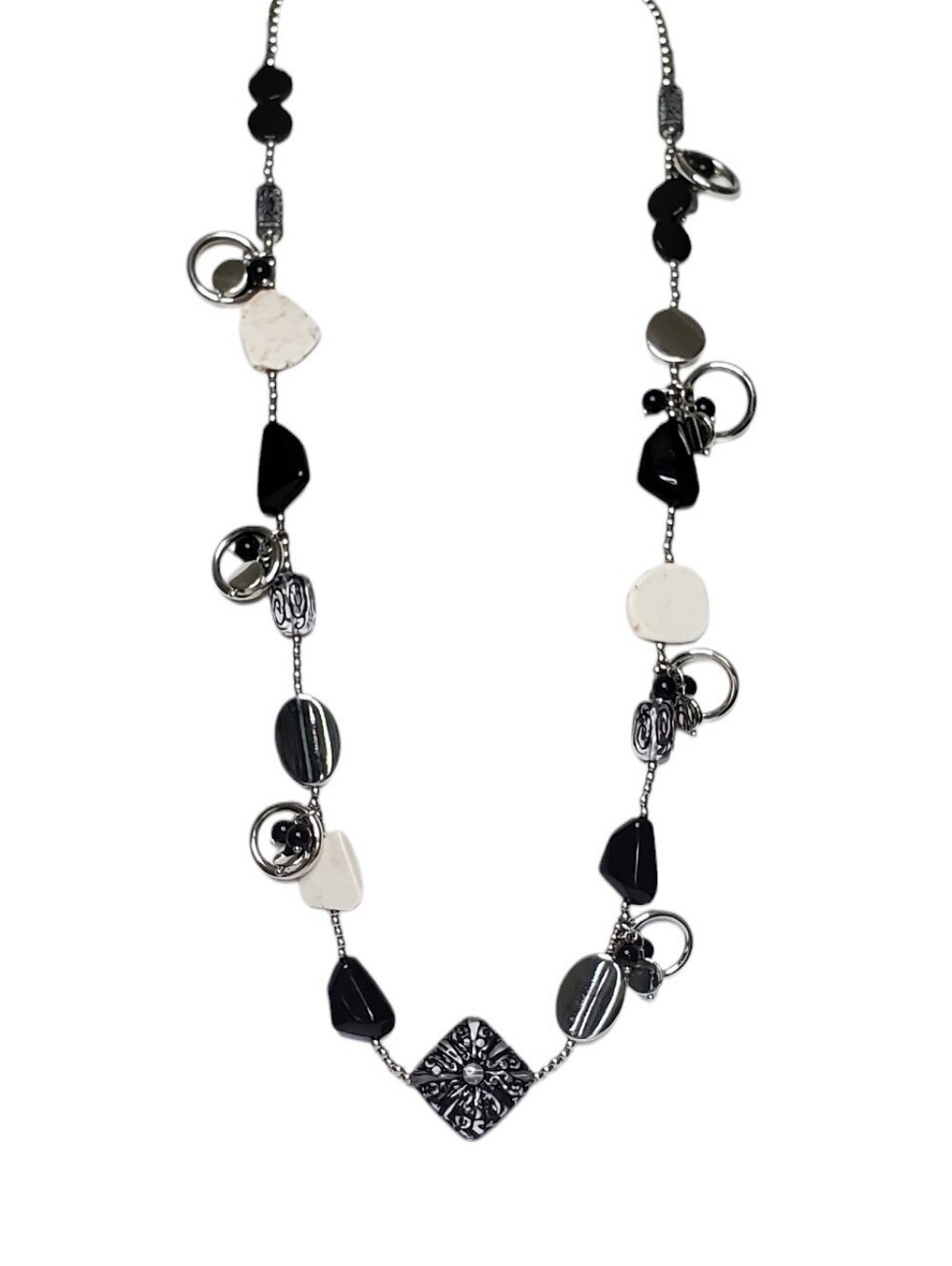 Estate Chico's Silver-Tone Mixed Media Black & Ivory Long Statement Necklace 36"
